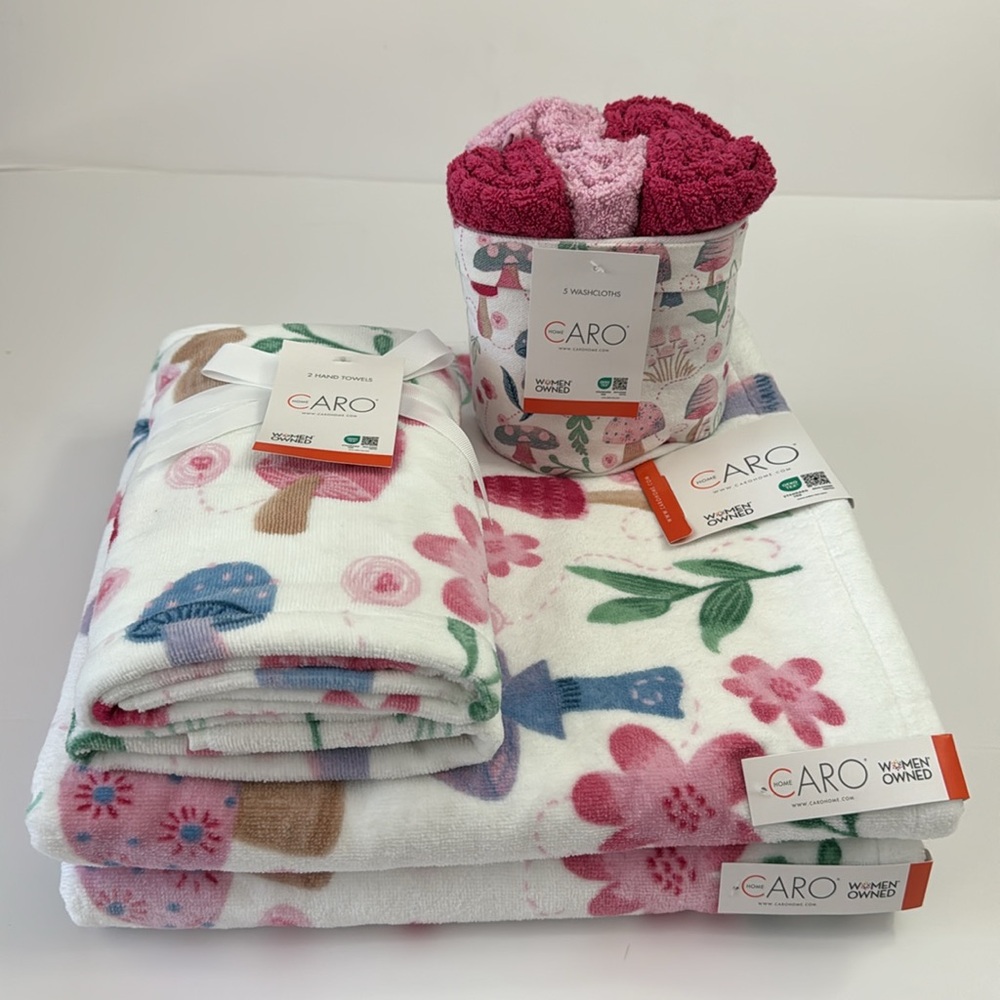 💥9pc CARO HOME Mushroom Print 100% Cotton Bath Towel Set - Multi